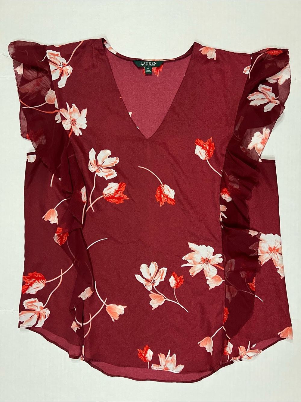 Lauren Ralph Lauren Burgundy Floral Ruffle Cap-Sleeve V-Neck Blouse